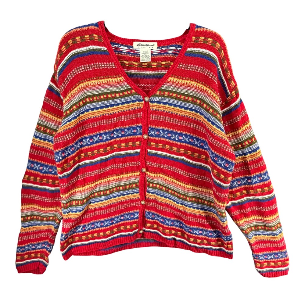 Vtg Eddie Bauer Knit Cardigan Sweater L Multicolor Stripe Fair Isle Cozy Cottage